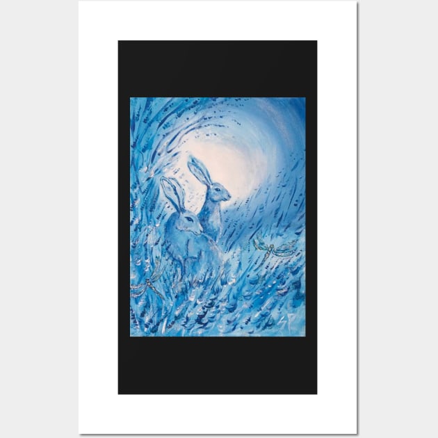 Blue hares in moonlight Wall Art by saraperry